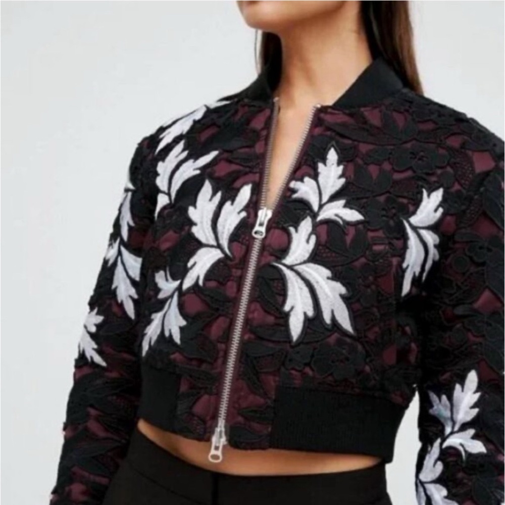 Self-Portrait Black Bomber Jacket with White Floral Embroidery and Burgundy Trim - Picture 3 of 12